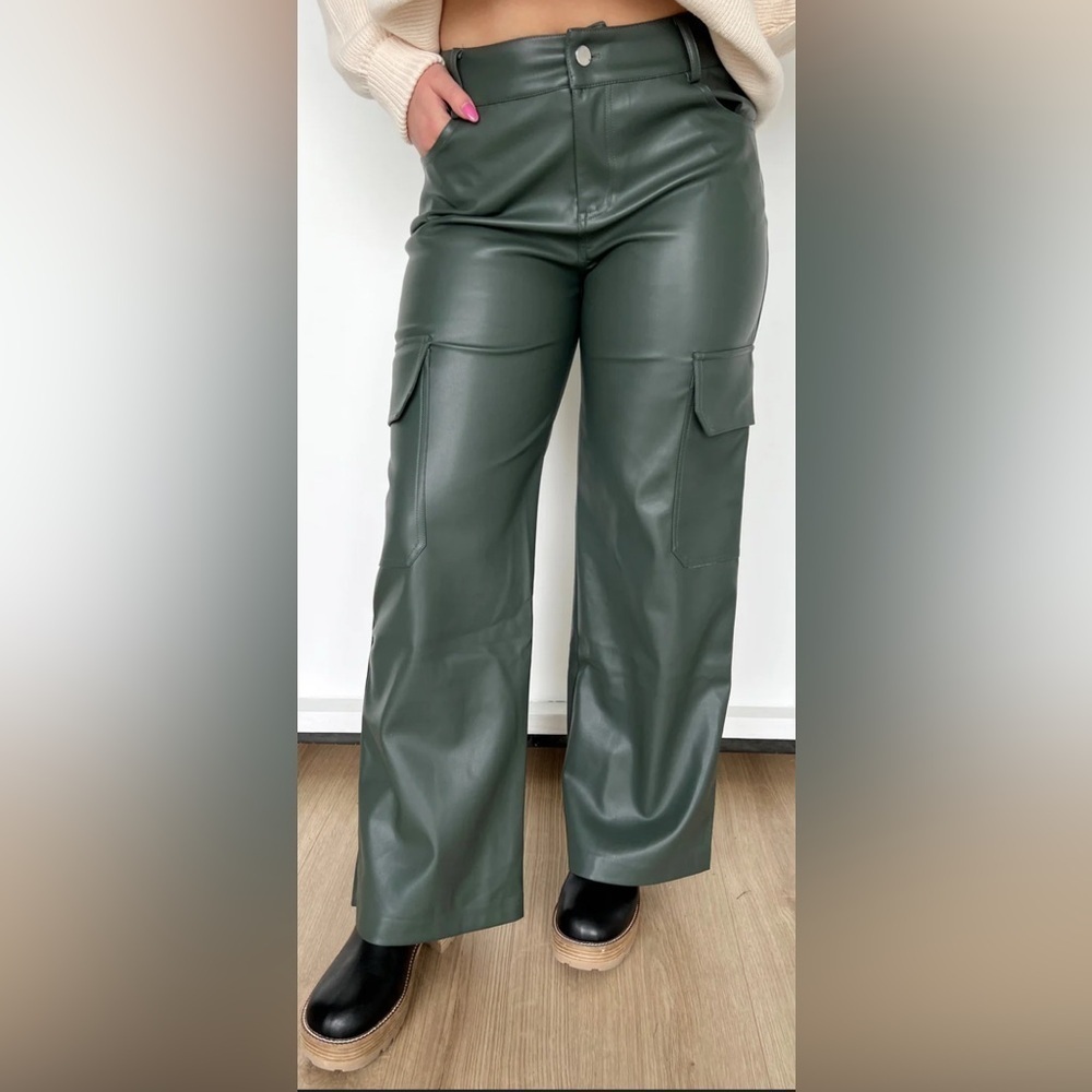 Women's Miss Love Dark Green Faux Leather Cargo Pants